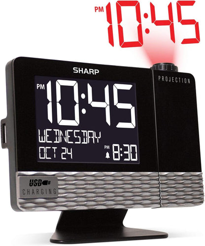 Sharp Projection Table Clock Black with USB Charge
