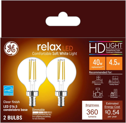 GE 31755 Relax LED G16.5 Globe Bulbs Soft White 2-Pack