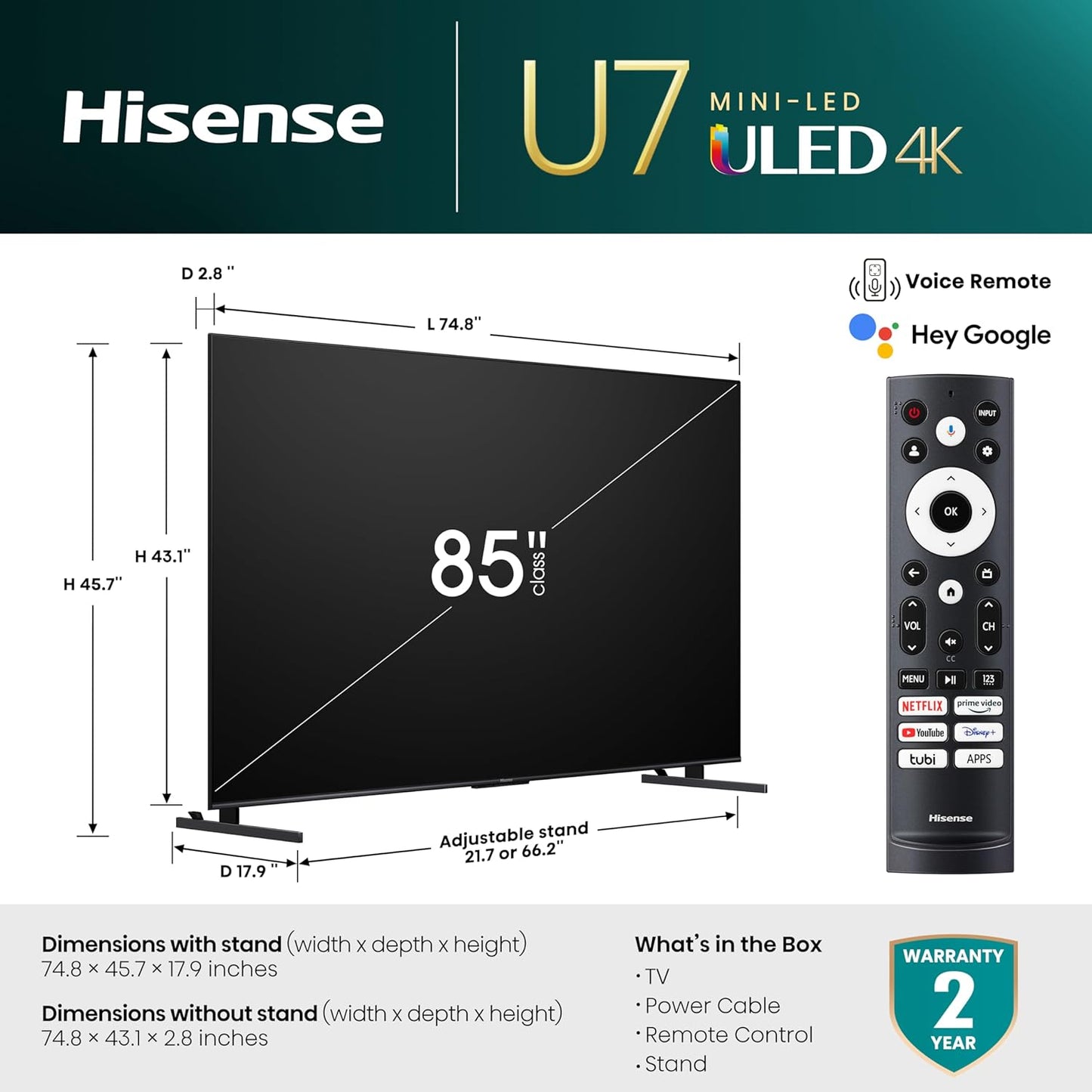 Hisense 85U7K 85-Inch Mini-LED ULED 4K Google Smart TV