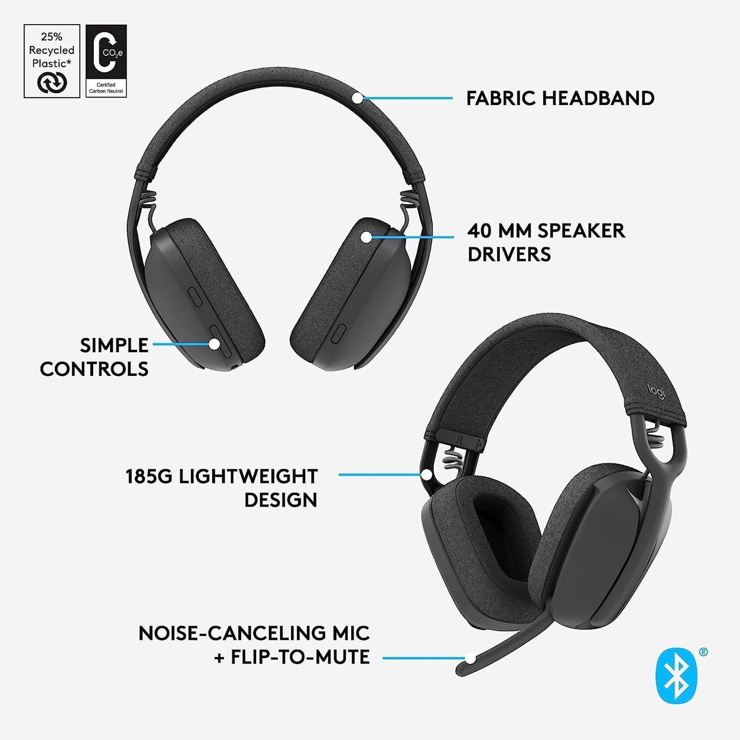 Logitech Vibe 100 Wireless Headphones Noise Canceling Mic Renewed