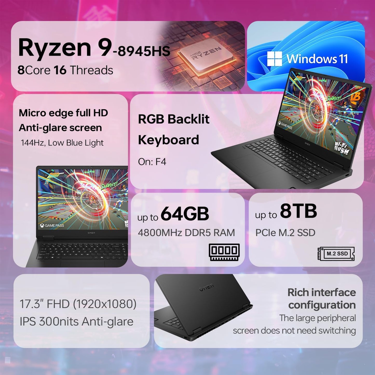 HP OMEN TPN-Q299 17.3" 144Hz Ryzen 9 RTX 4060 AI Gaming Laptop Bundle