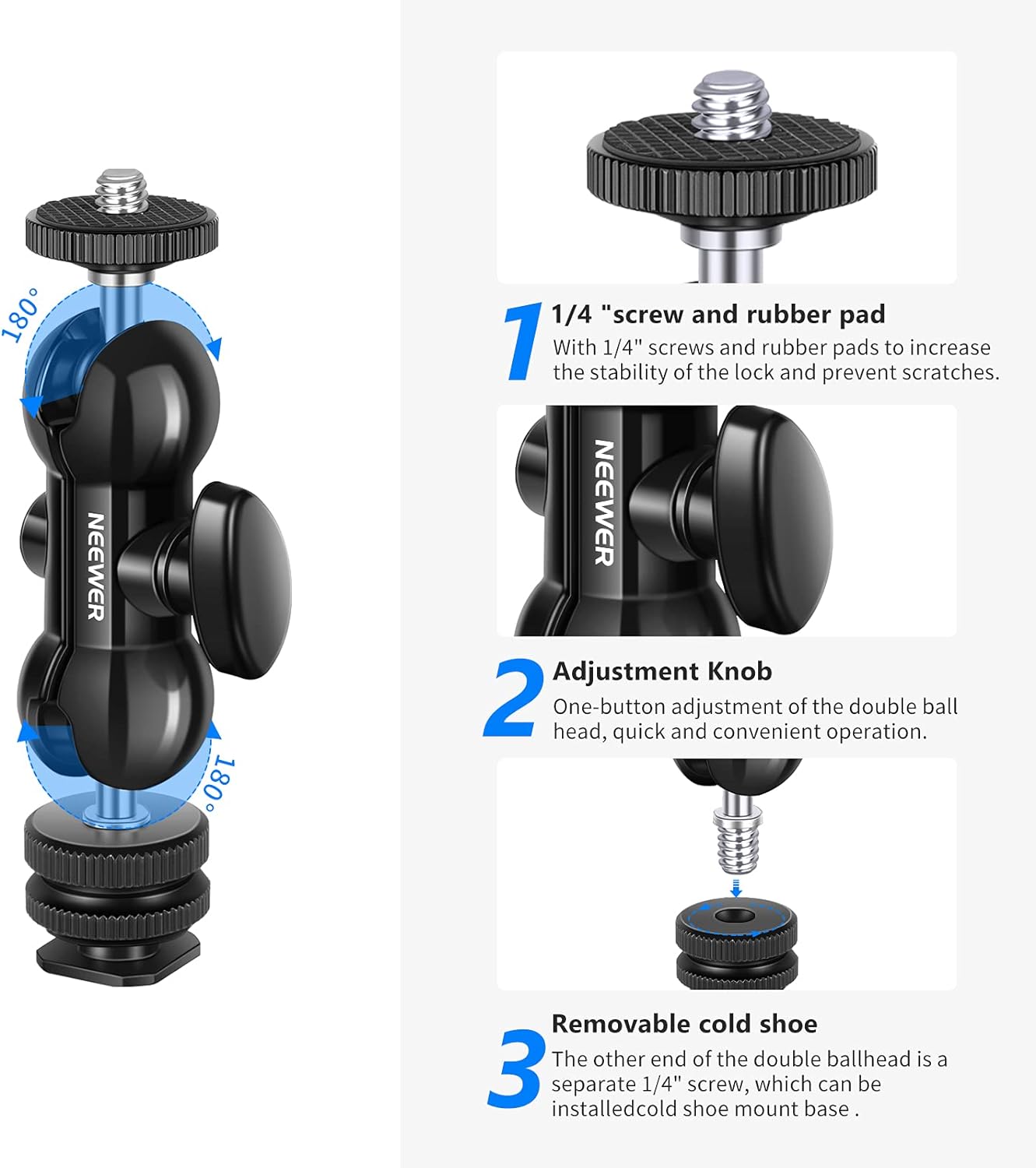 Neewer 10099612 Double Ball Head with Cold Shoe Mount