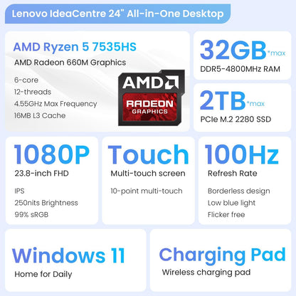 Lenovo 24ARR9 IdeaCentre 24" Touchscreen All-in-One Desktop Ryzen 5 1TB SSD