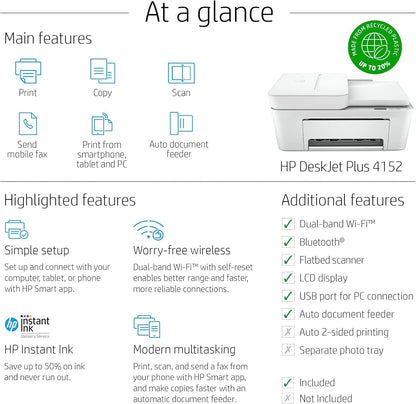 HP 7FS74A DeskJet Plus 4152 All-in-One Printer Renewed