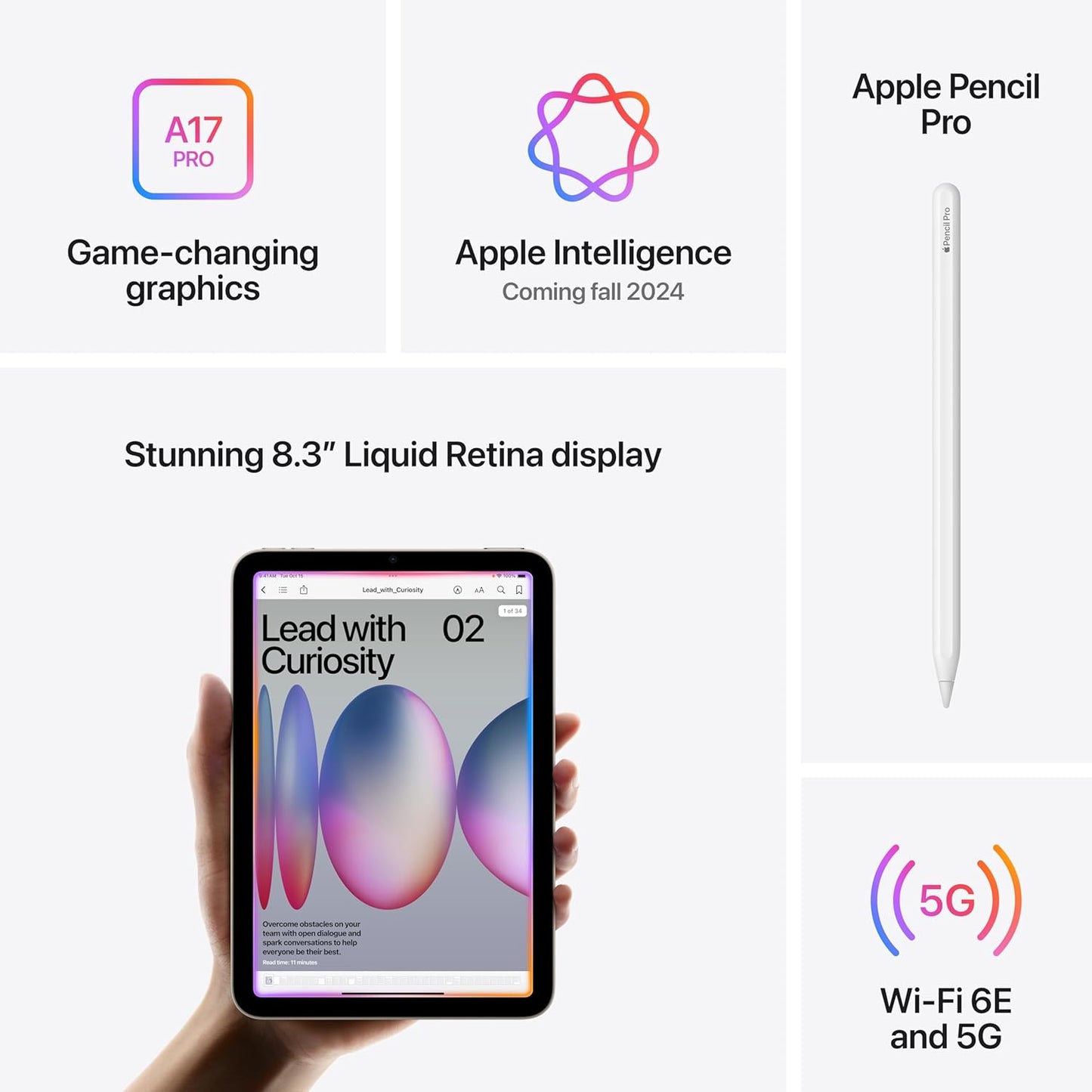Apple MXPP3LL/A iPad Mini - A17 Pro, 128GB, Wi-Fi 6E + 5G Cellular