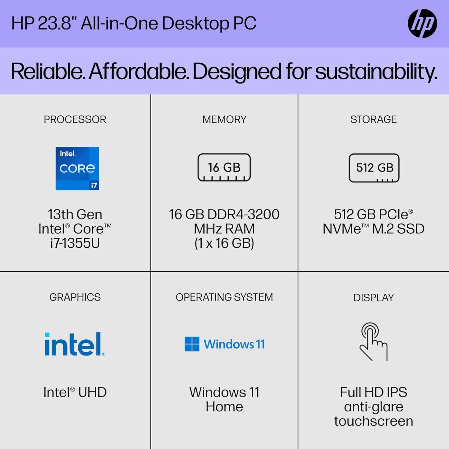 HP 7G9R8AA#ABA 23.8" All-in-One Desktop i7 16GB 512GB SSD