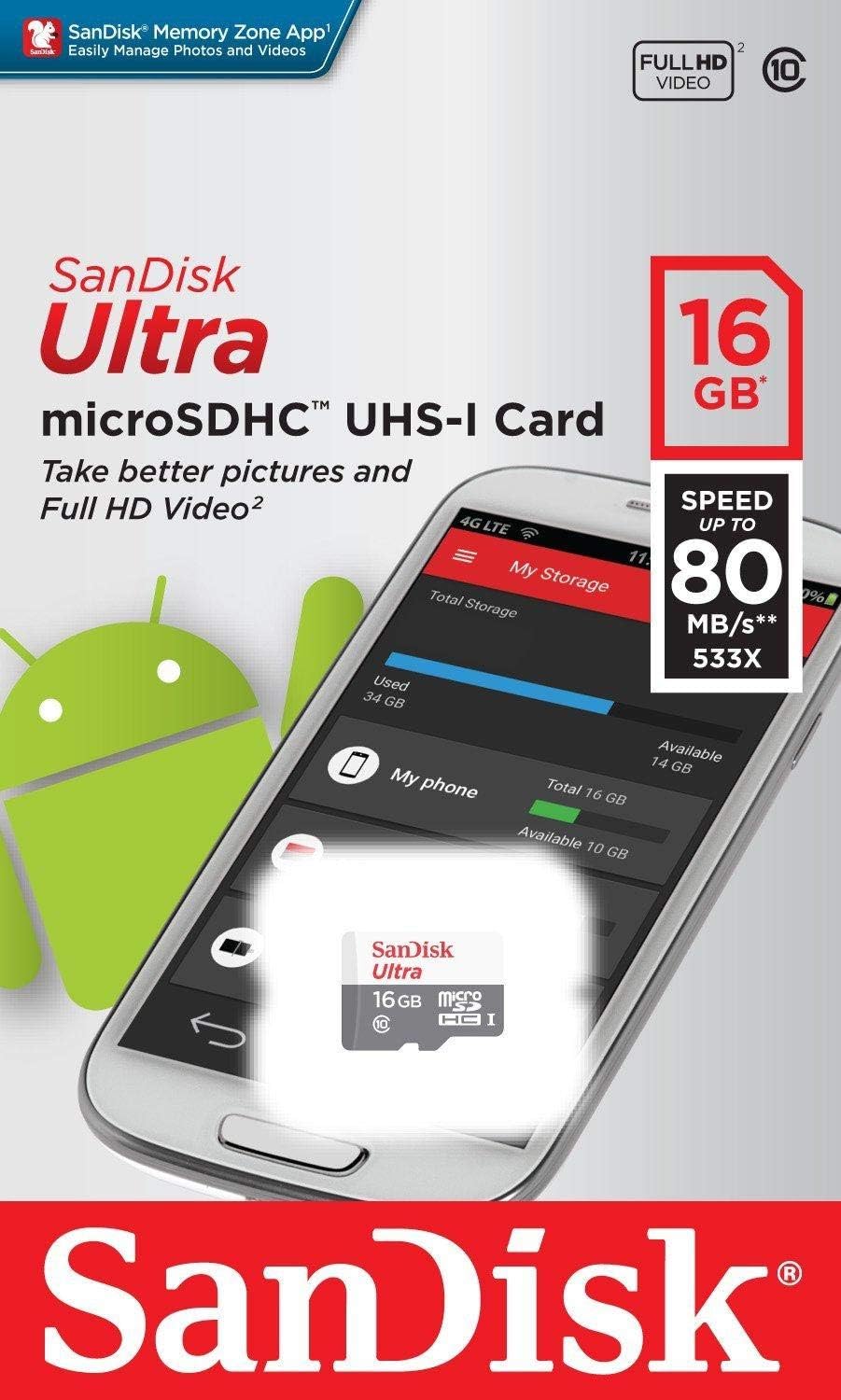 SanDisk SDSQUNS-016G-GN3MN 16GB Ultra MicroSDHC Card