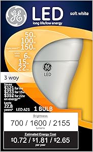 GE 92119 3-Way LED A21 Bulb, Soft White 50/100/150W Equivalent