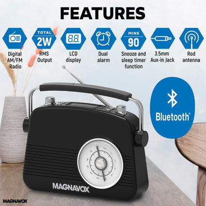 Magnavox Retro Dual - Bluetooth Alarm Clock Radio - Black