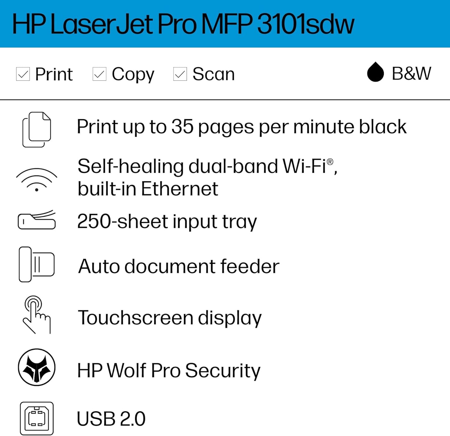 HP 9D2X4F#BGJ LaserJet Pro MFP 3101sdw Wireless Printer