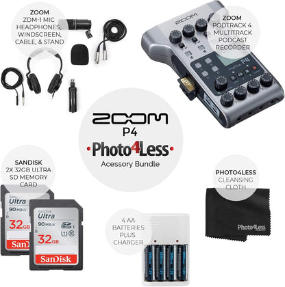 Zoom PodTrak P4 Podcast Recorder Bundle with Mics and Accessories