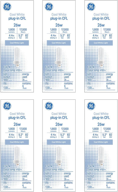 GE Cool White 26W CFL GX24q-3 Plug-in Bulb 6-Pack