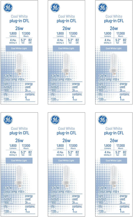 GE Cool White 26W CFL GX24q-3 Plug-in Bulb 6-Pack