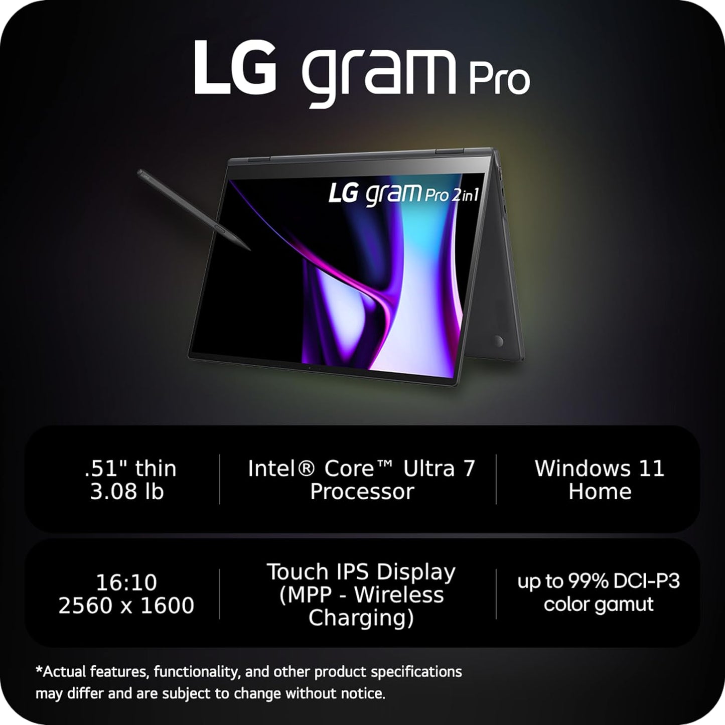 LG 16T90SP-G.AAB5U1 gram Pro 16" 2in1 Laptop Intel Core Ultra 7