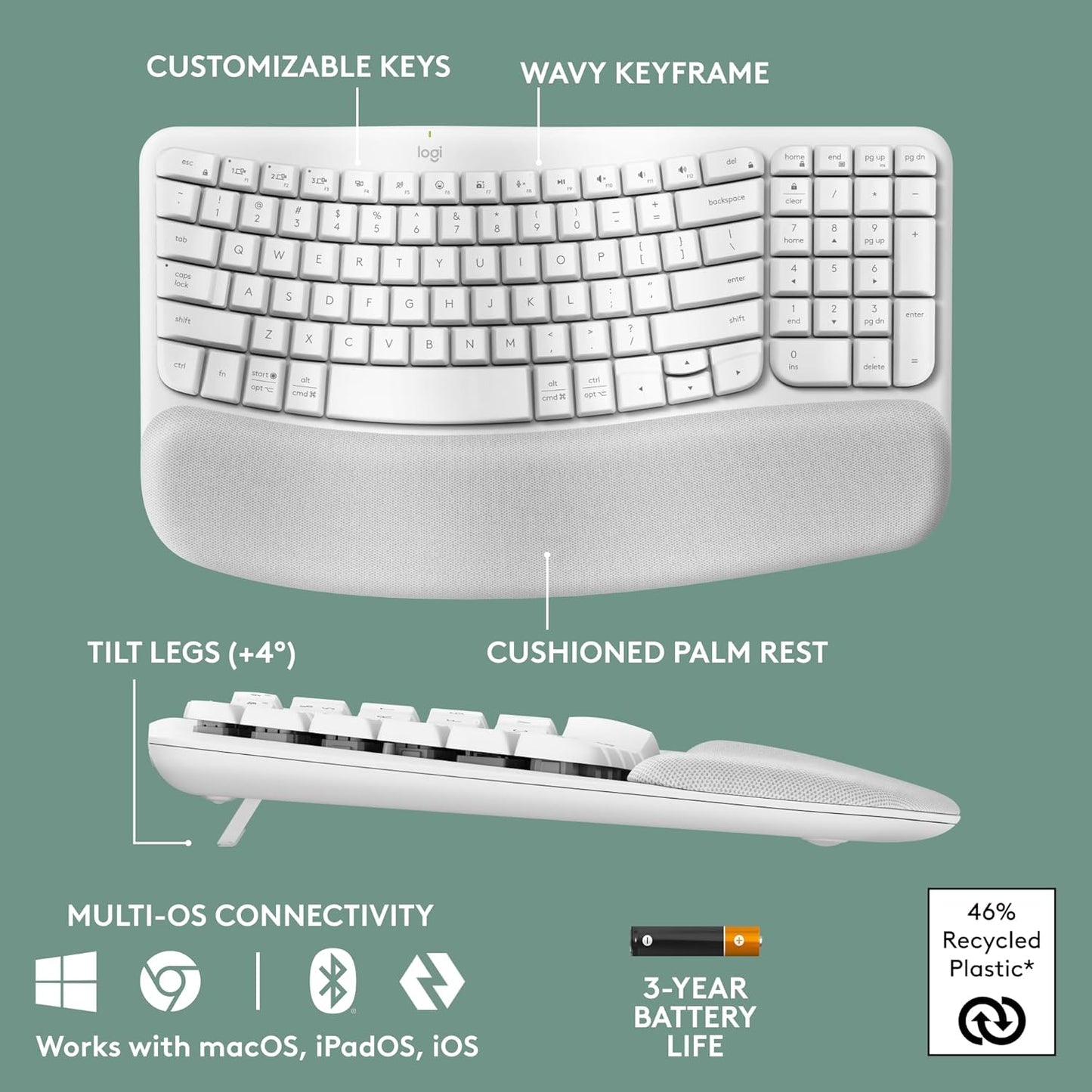 Logitech 920-012275 Wave Keys - Ergonomic Wireless Keyboard - Off White