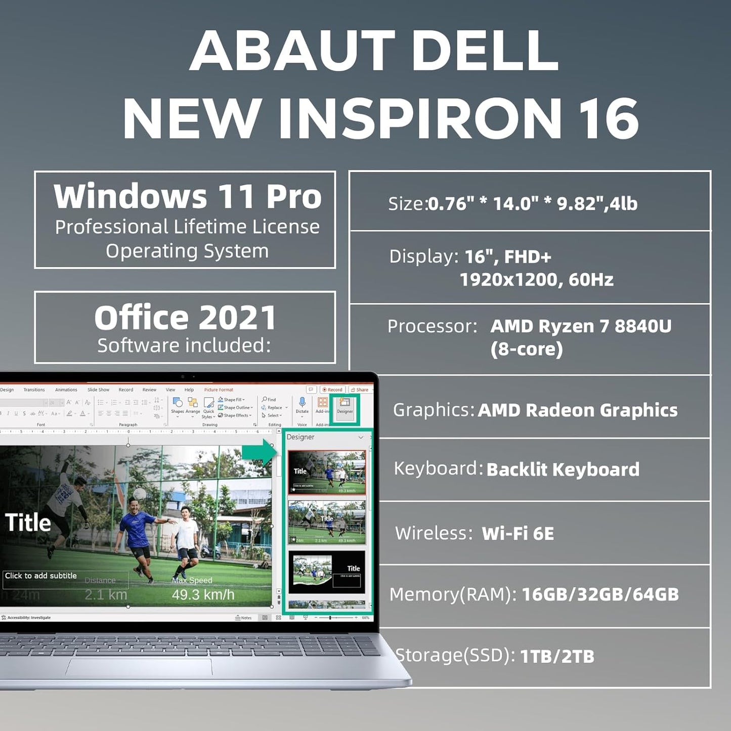 Dell Inspiron 16 Business Laptop Ryzen 7 Office