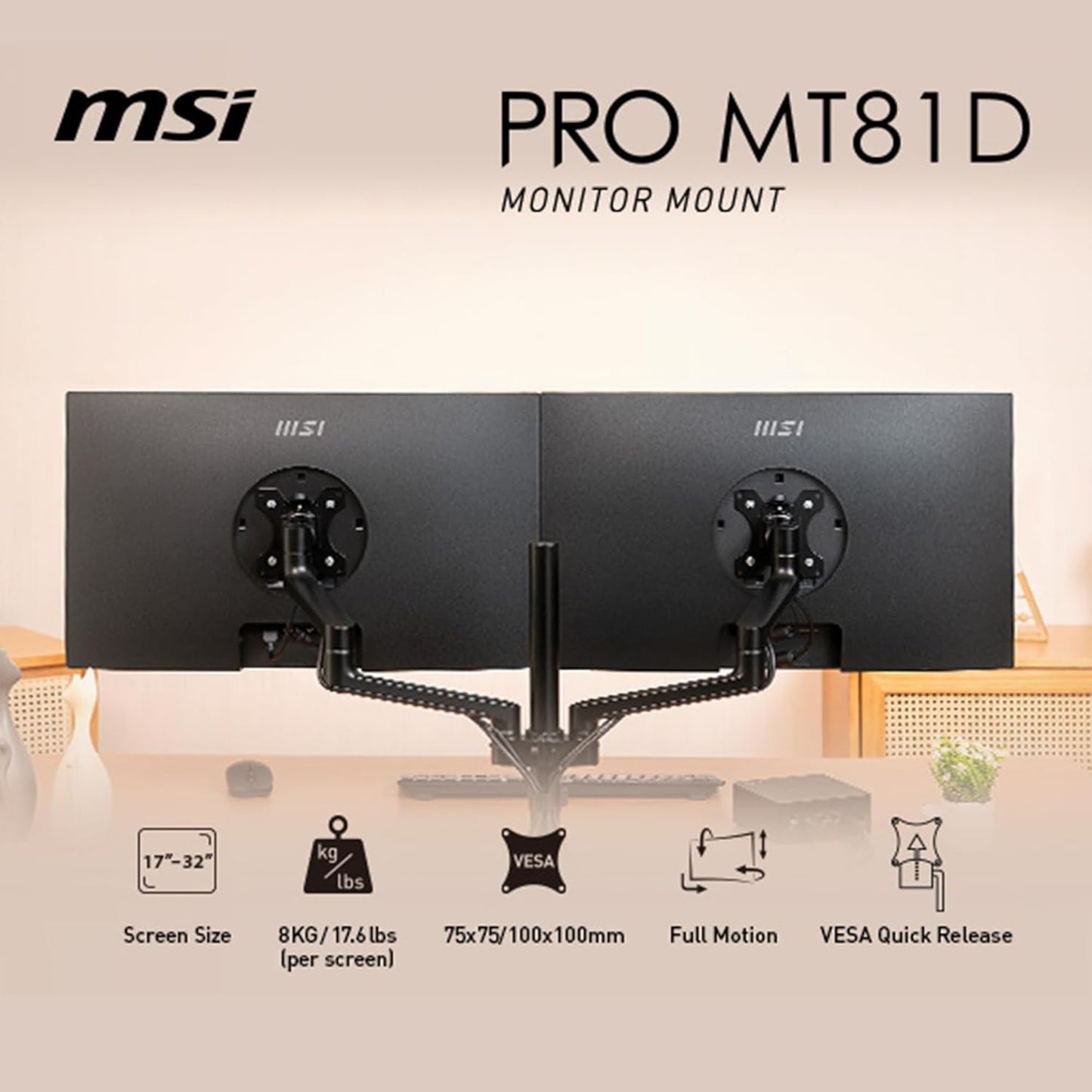 MSI PROMT81D Premium Aluminum Dual Monitor Stand 17-32"