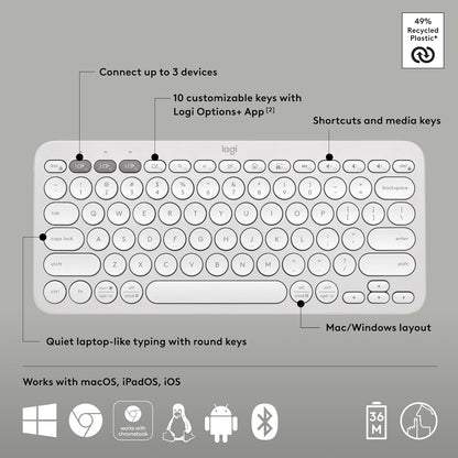 Logitech 920-011776 Pebble Keys 2 K380s Bluetooth Keyboard - White