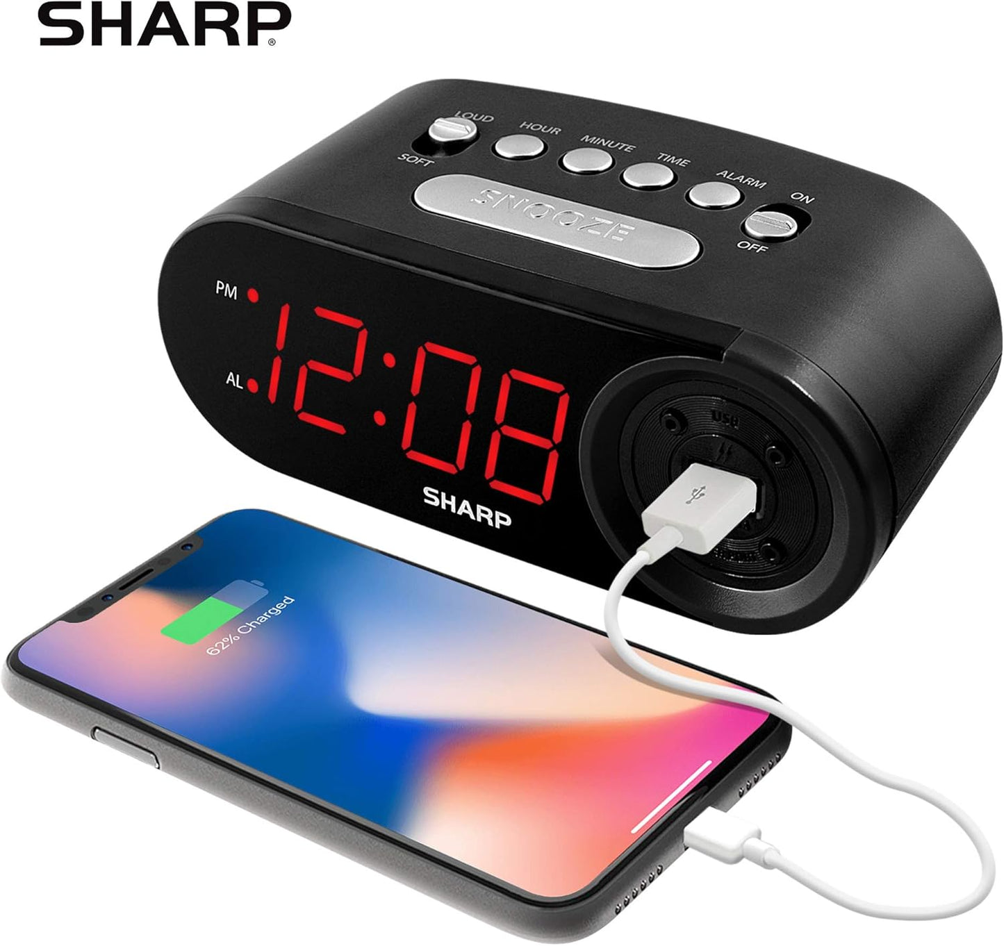 Sharp Digital Alarm Clock with 2 AMP USB Charger