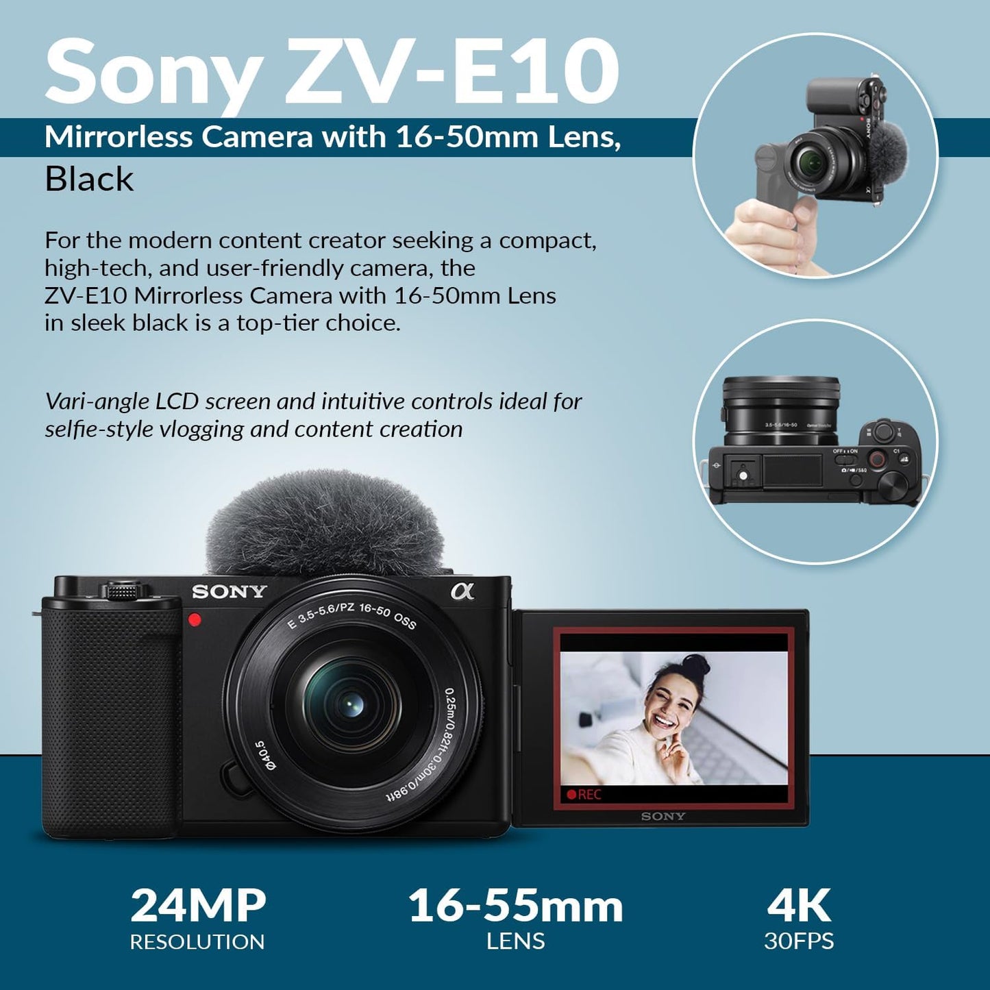 Sony ZV-E10 APS-C Mirrorless Vlogging Camera 16-50mm Lens Bundle