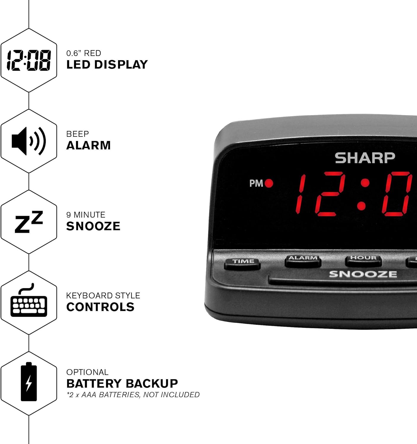 Sharp Digital Alarm Clock Red LED Display Keyboard Controls