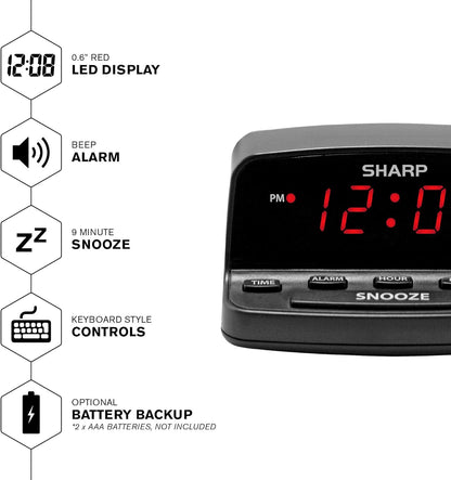 Sharp Digital Alarm Clock Red LED Display Keyboard Controls