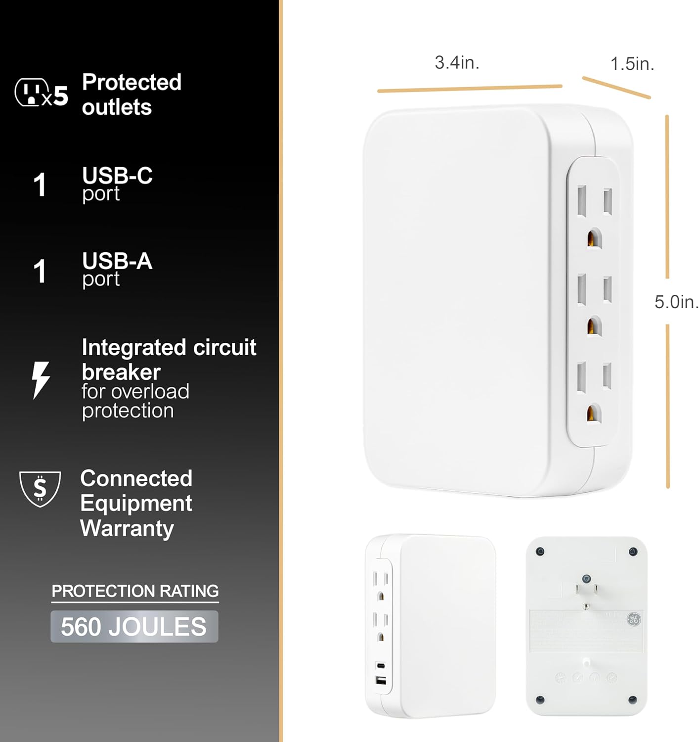 GE UltraPro 5-Outlet Extender USB Wall Tap Surge Protector
