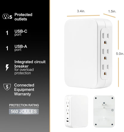 GE UltraPro 5-Outlet Extender USB Wall Tap Surge Protector