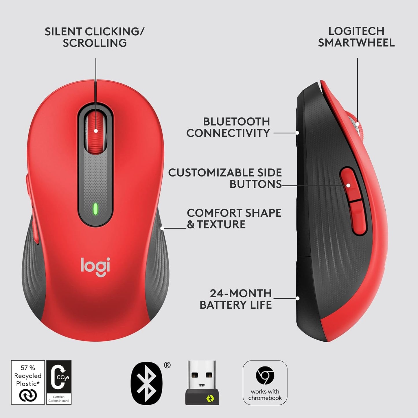 Logitech Signature M650 L Wireless Mouse - Classic Red (Renewed)