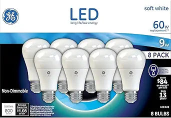 GE LED A19 Light Bulb 9W Soft White 8-Pack — main product image