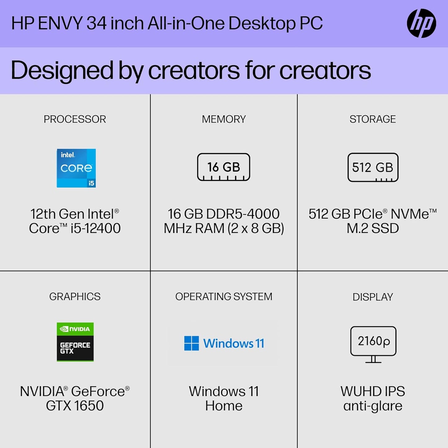 HP 34-c1010 Envy All-in-One: 34" WUHD, i5-12400, GTX 1650