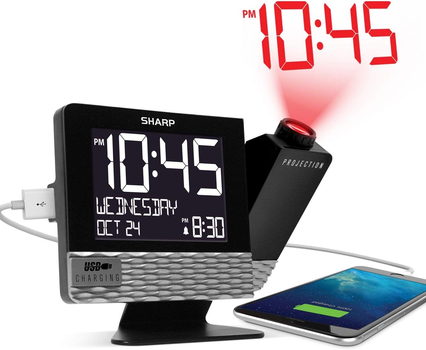 Sharp Projection Table Clock Black with USB Charge