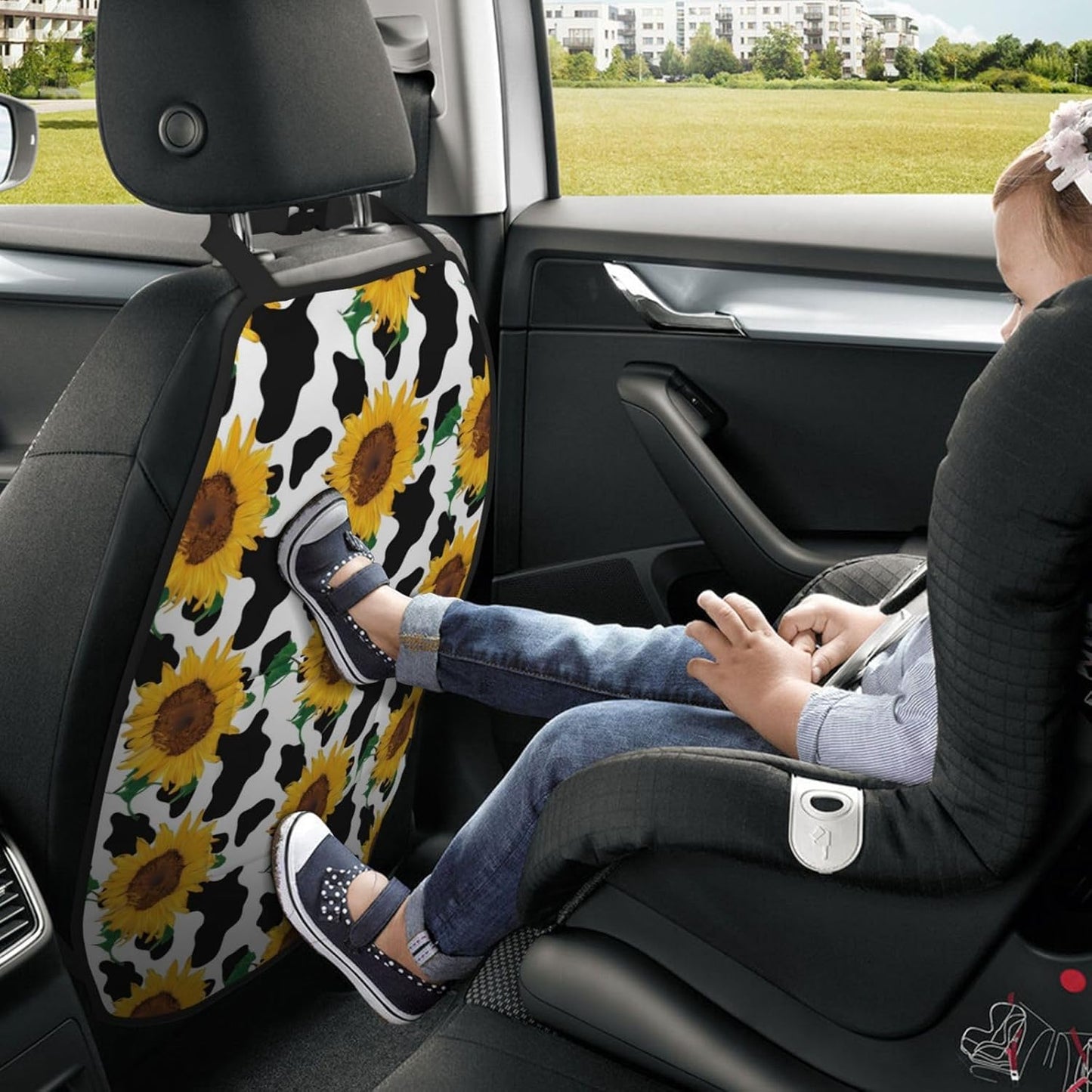 Novastar Car Seat Kick Mats with Organizer Cow Print Sunflower