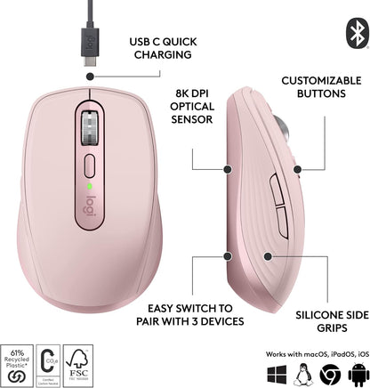Logitech 910-006927 MX Anywhere 3S Compact Wireless Mouse - Rose