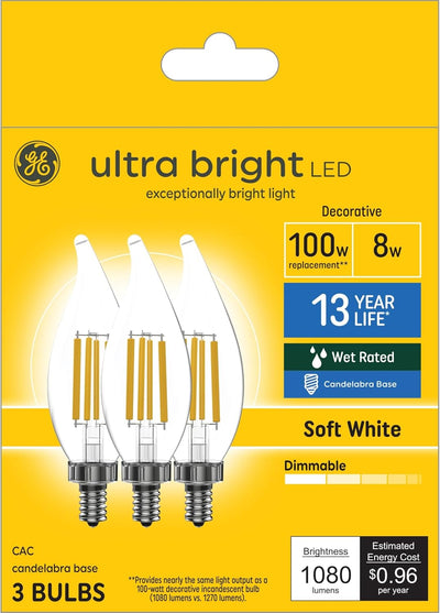 GE 93130033 Ultra Bright LED Candle Bulbs 100W Soft White