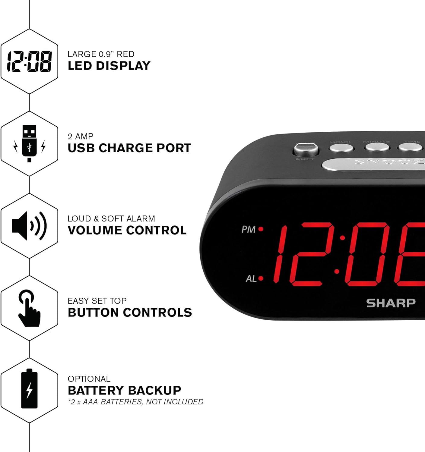 Sharp Digital Alarm Clock with 2 AMP USB Charger