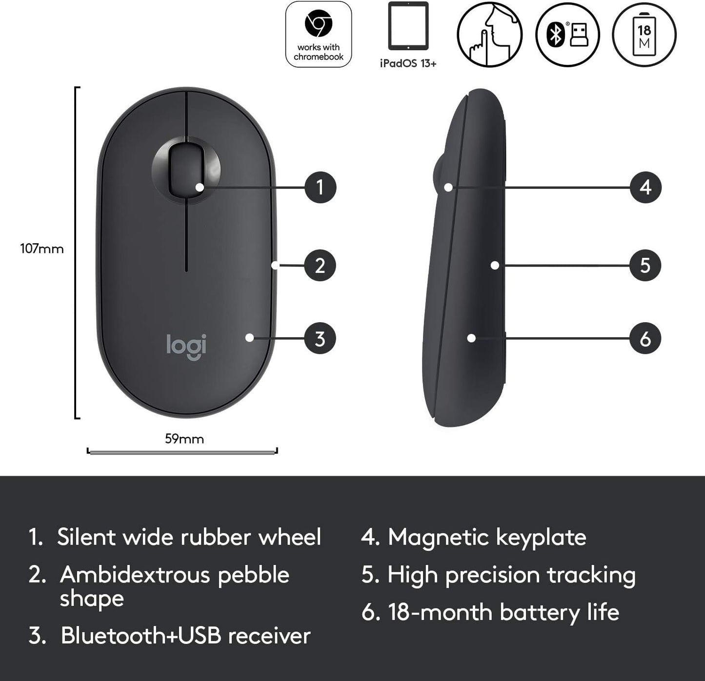 Logitech 910-005743 Pebble Wireless Silent Mouse, Graphite