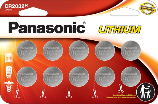 Panasonic CR2032 3V Lithium Coin Battery - 10 Pack Child-Resistant