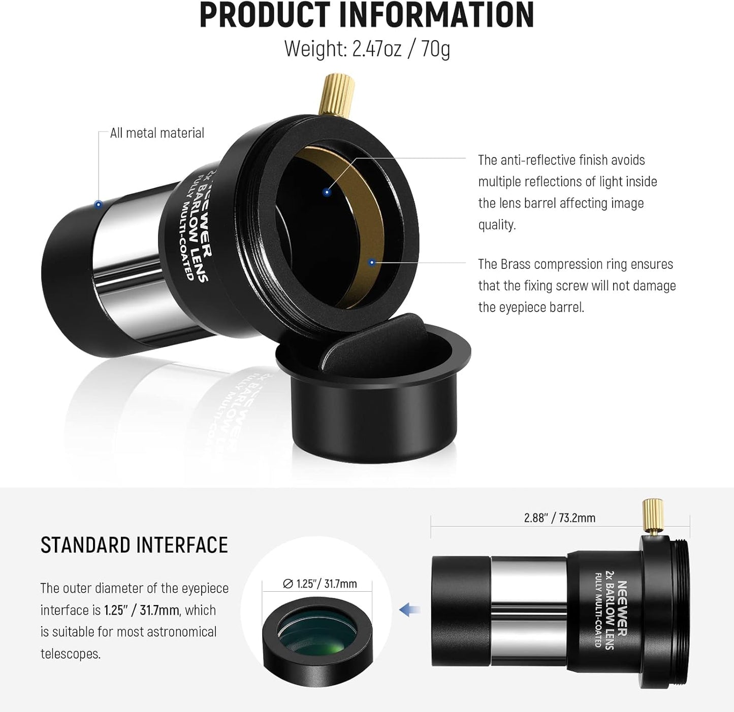 Neewer 10093357 2X Barlow Lens for 1.25" Telescope