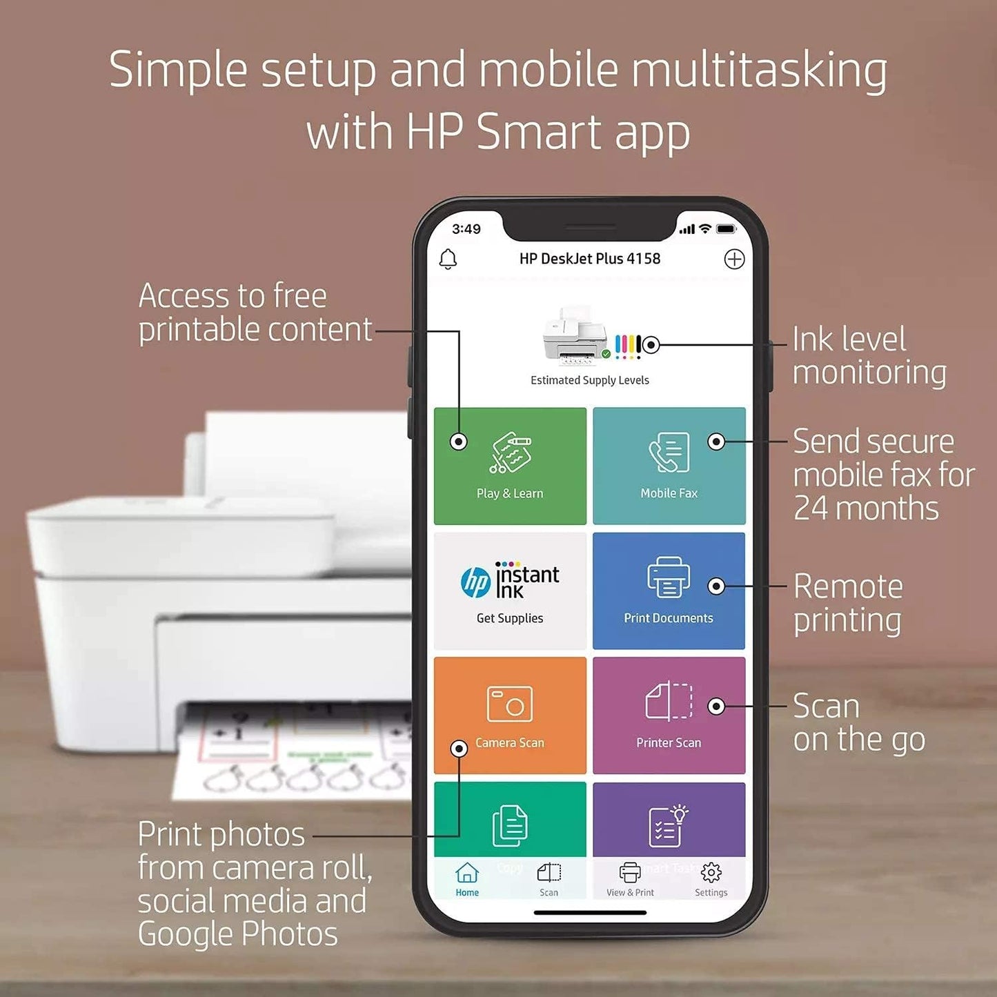 HP 7FS76A DeskJet Plus 4158 Wireless All-in-One Printer