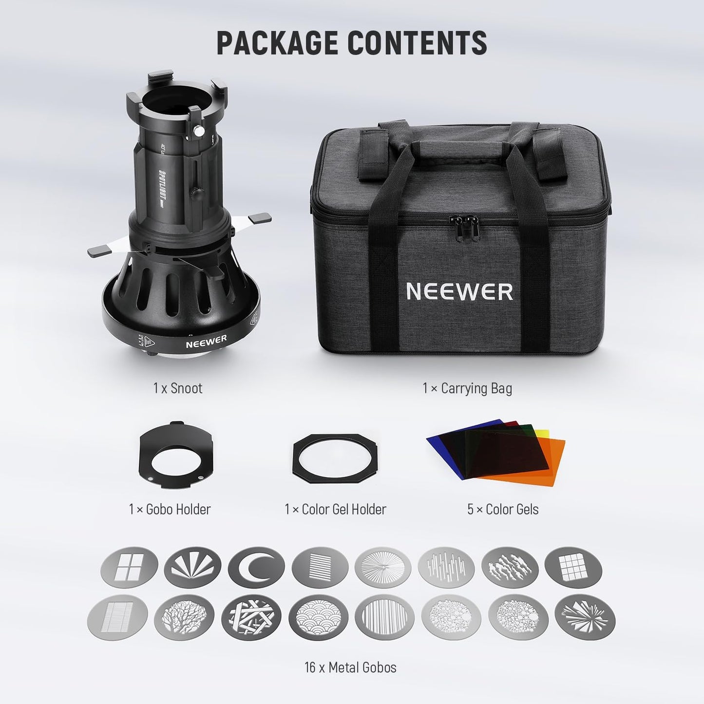Neewer 90101355 Spotlight Snoot with Gobos & Gels