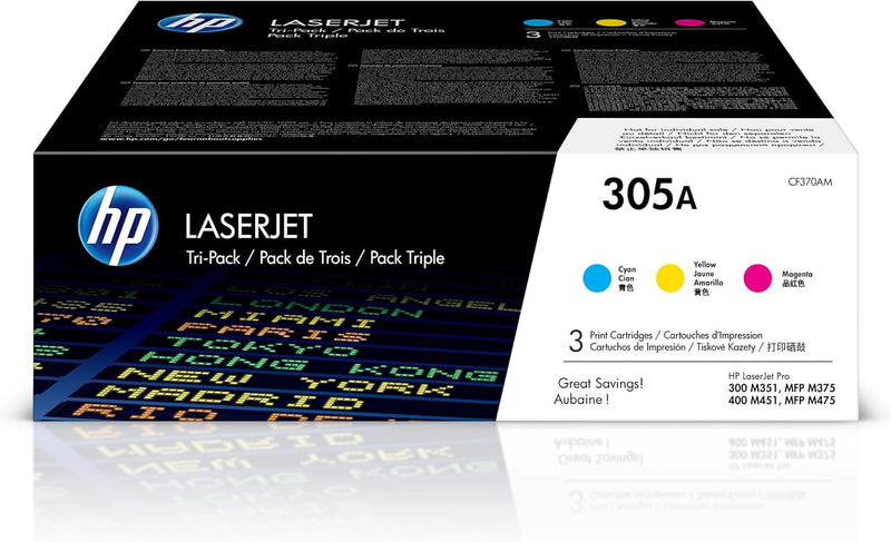 HP CF370AM 305A Cyan Magenta Yellow Toner Cartridge 3-Pack — main product image