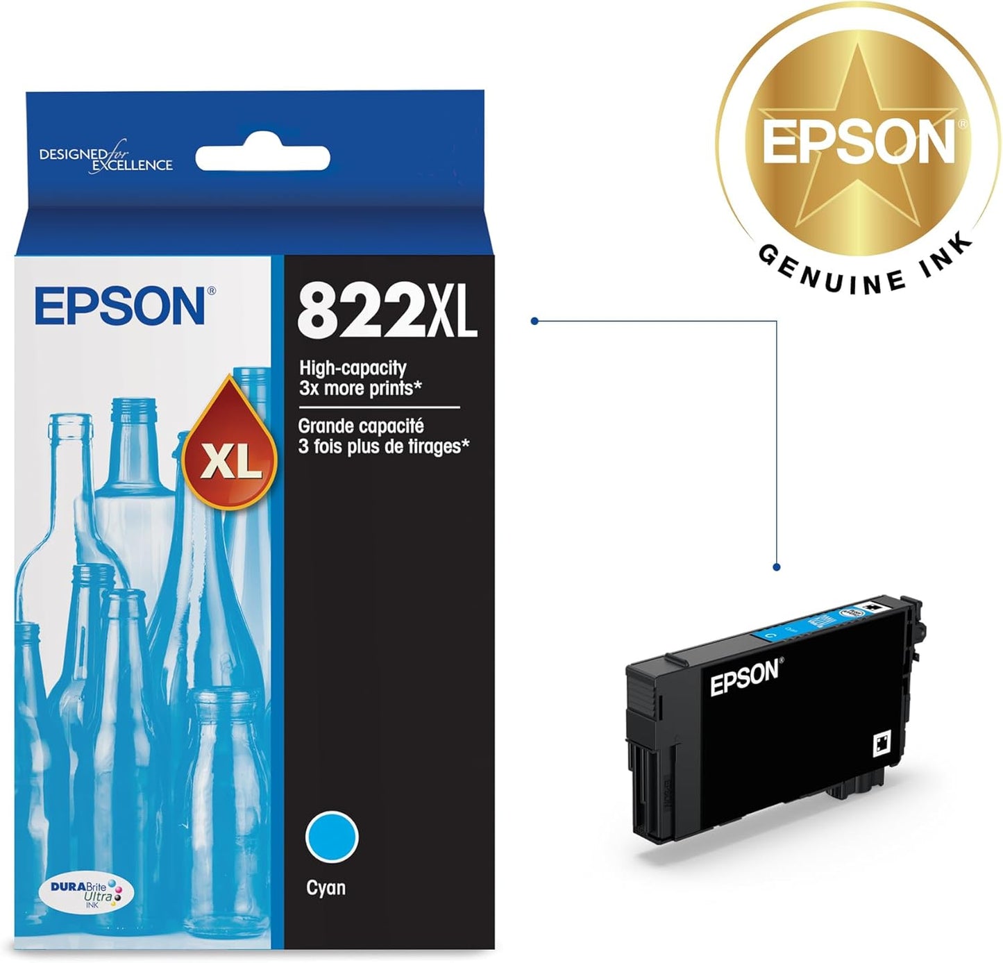 Epson T822XL220-S 822 DURABrite Cyan High Capacity Ink Cartridge