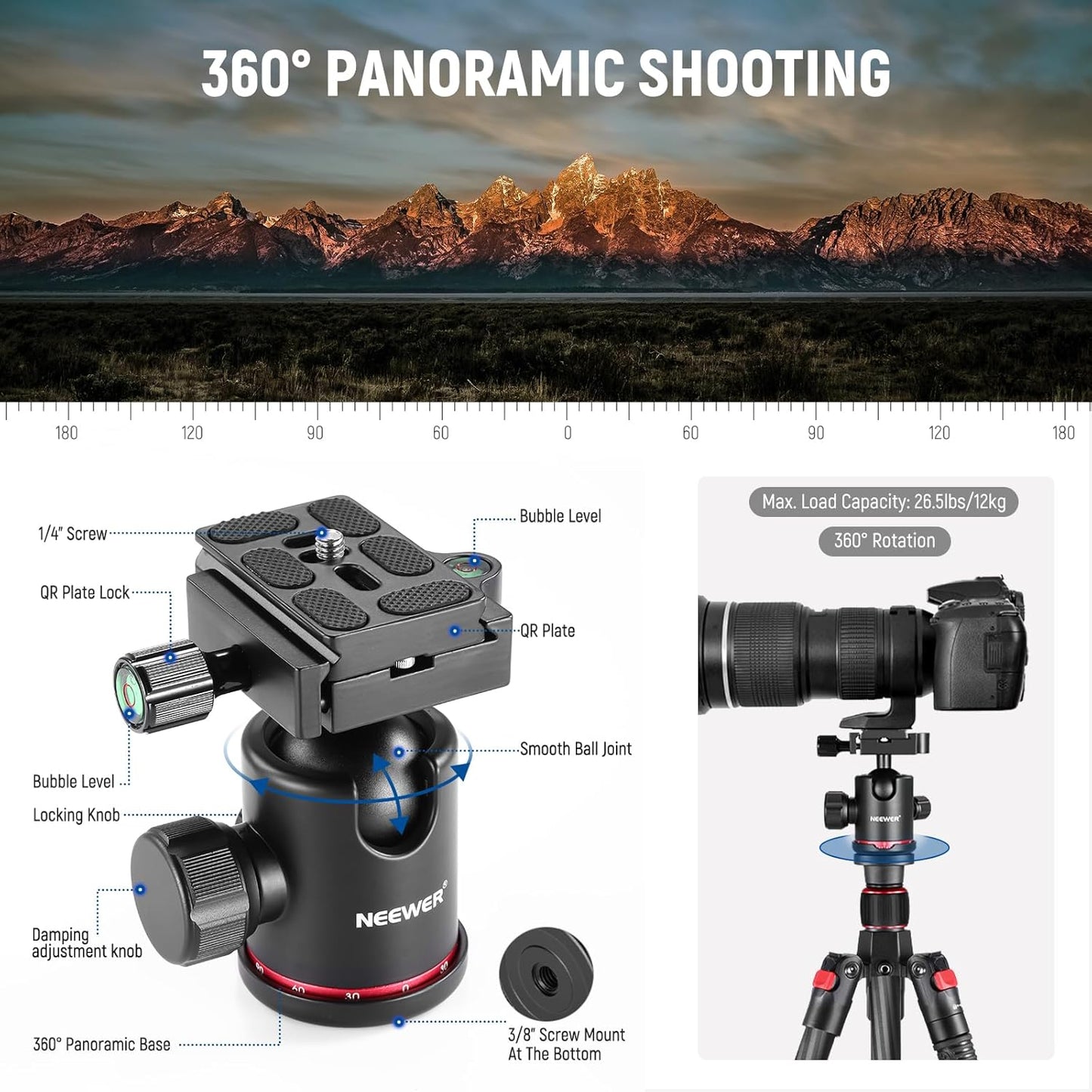 Neewer 10081590@@##1 66" Carbon Fiber Camera Tripod