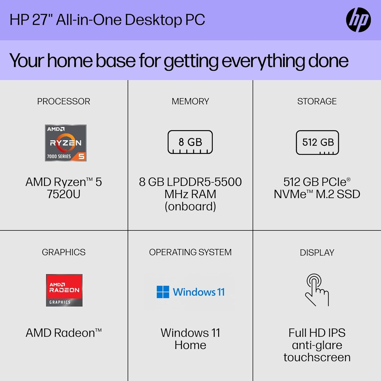 HP 7H0U5AA#ABA 27" AIO Desktop Ryzen 5 7520U 8GB 512GB SSD Win11