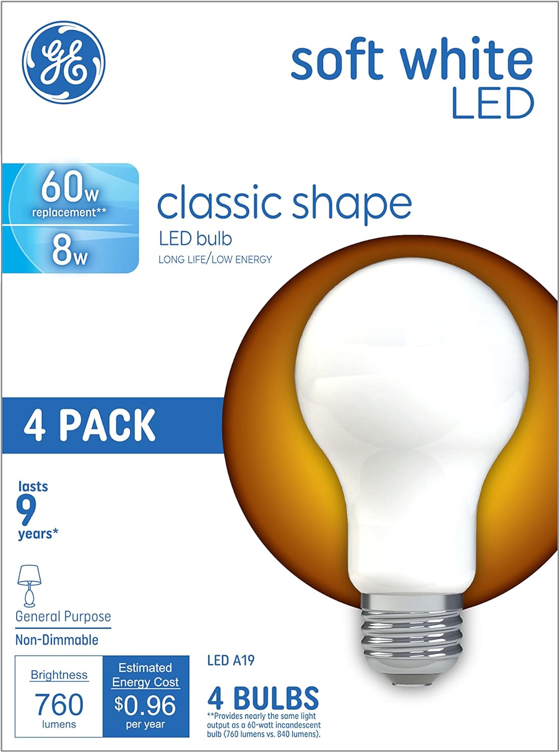 GE 99190 LED Light Bulbs - 60W Equivalent, Soft White, 4-Pack