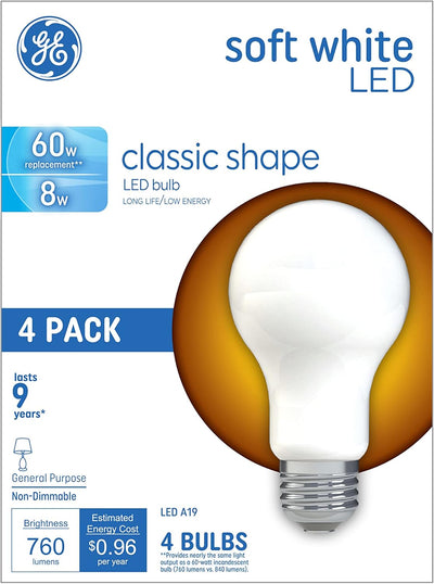 GE 99190 LED Light Bulbs - 60W Equivalent, Soft White, 4-Pack