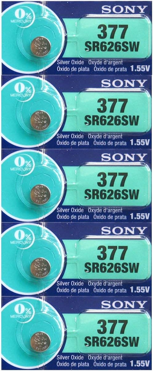 Sony 377 (SR626SW) Silver Oxide 1.55V Watch Battery 5-Pack
