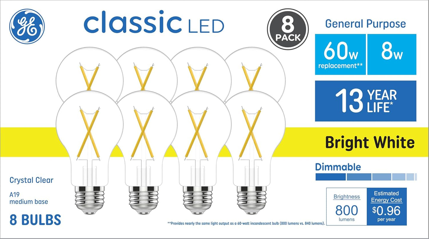 GE 93130845 Classic LED A19 Bulb 60W 8-Pack