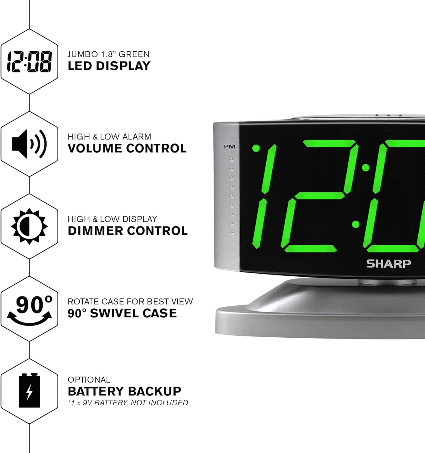 Sharp Digital Alarm Clock - LED, Swivel Base, Dimmer